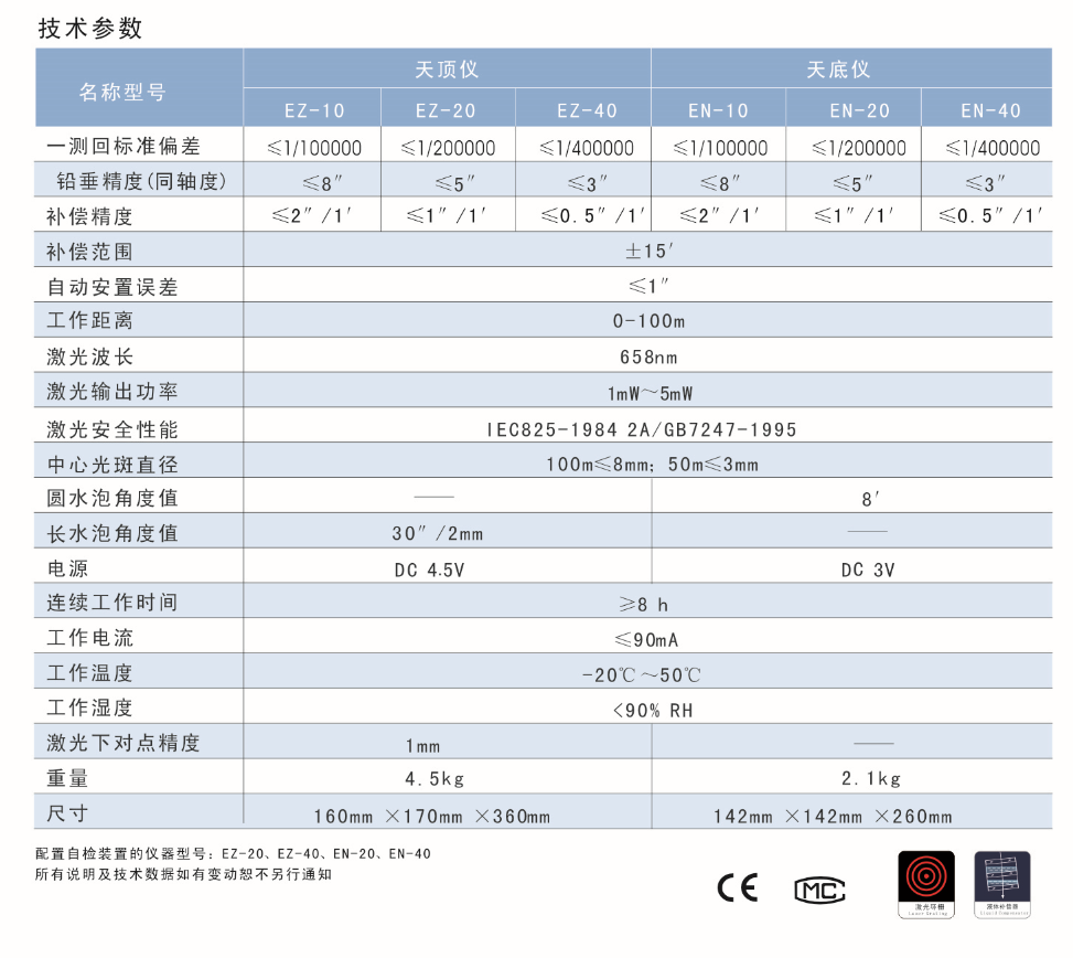 EZ-10、EZ-20、EZ-40激光自動安平天頂儀/上垂準儀技術(shù)參數(shù)